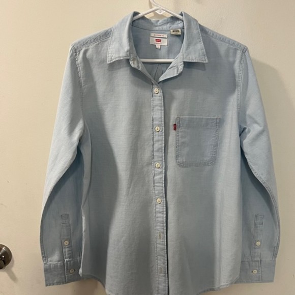 LEVIS Boyfriend Fit Blue Coconut Tree Embroidered Back Button Down LS Shirt Sz S - Picture 3 of 9